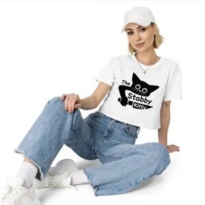 The Stabby Kitty® Soft Cotton White and Black Logo Relaxed Shoulder Crop Top M